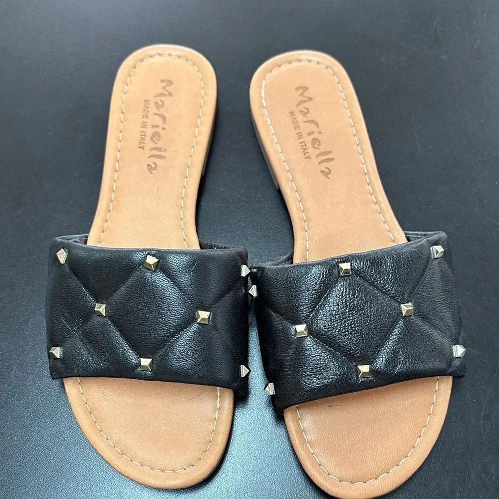 MARELLA Black Quilted Leather Slide Sandals with Gold Studs